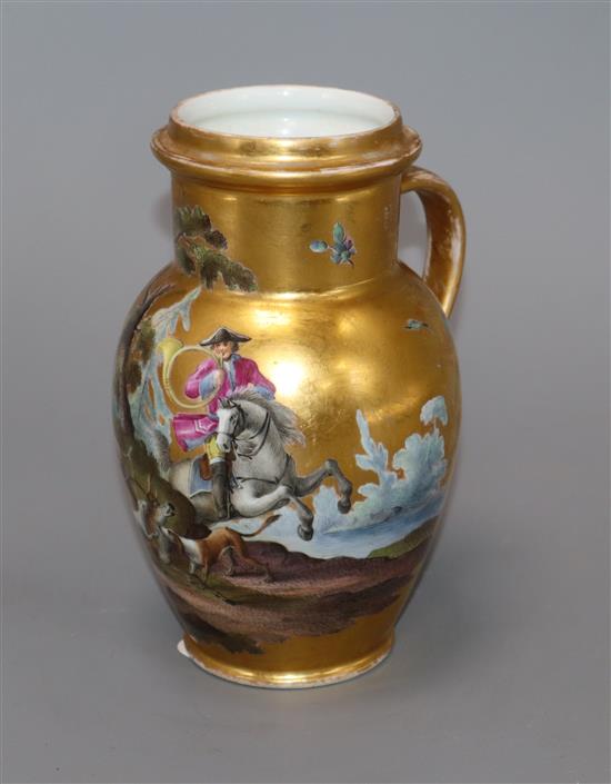 An 18th century Meissen outside decorated gilt porcelain stein, decorated with a hunting scene, (lacking lid), height 16cm